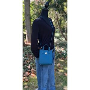 VEGAN LEATHER Scalzini Denim Blue Mini Tote Crossbody Bag Gold Logo Accent